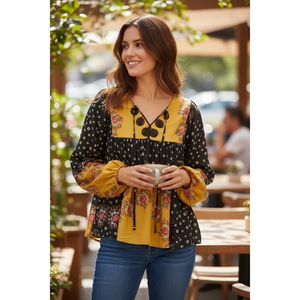 Farm Rio Intarsia Floral Top Womens XS Viscose Boho Peasant Hippie‎ Oversized